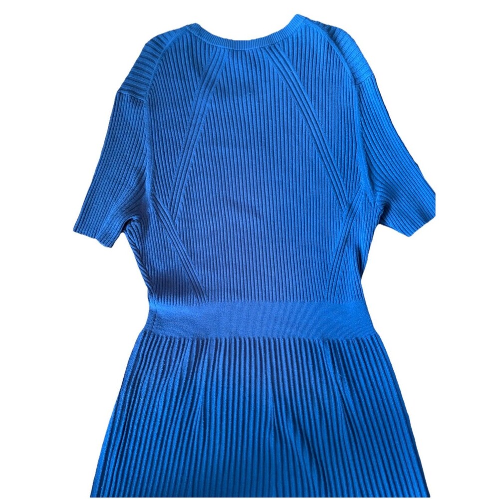 Ann Mashburn Blue Ribbed Knit Sweater Dress Large Fit Flare Designer Work Event - Picture 10 of 11